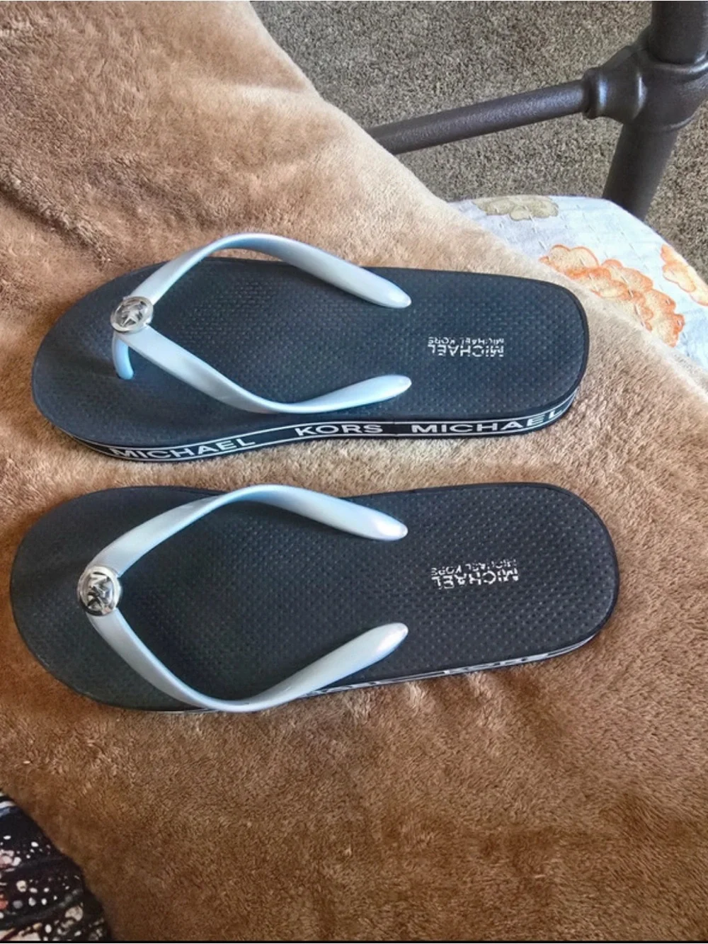 Michael Kors Black Flip Flops with Light Blue Straps
